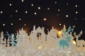 Magical Christmas paper cut winter background landscape with houses, trees, deer and snow in front of night starry sky background. Royalty Free Stock Photo