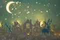 Magical Christmas paper cut winter background landscape with houses, trees, deer and snow in front of night starry sky background. Royalty Free Stock Photo