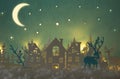 Magical Christmas paper cut winter background landscape with houses, trees, deer and snow in front of night starry sky background. Royalty Free Stock Photo