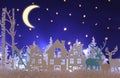 Magical Christmas paper cut winter background landscape with houses, trees, deer and snow in front of night starry sky background. Royalty Free Stock Photo