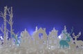 Magical Christmas paper cut winter background landscape with houses, trees, deer and snow in front of white lights background.