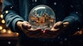 Magical Christmas scene young girl holding winter snow globe, sparkling lights Royalty Free Stock Photo