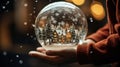 Magical Christmas scene young girl holding winter snow globe, sparkling lights Royalty Free Stock Photo