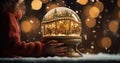 Magical Christmas scene young girl holding winter snow globe, sparkling lights Royalty Free Stock Photo