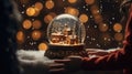 Magical Christmas scene young girl holding winter snow globe, sparkling lights Royalty Free Stock Photo