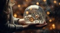 Magical Christmas scene young girl holding winter snow globe, sparkling lights Royalty Free Stock Photo