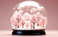 Magical Christmas snow globe with toy city, trees and clouds on pink background. Christmas season