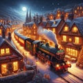 Magical Christmas Train Passing Through a Snowy Village Royalty Free Stock Photo