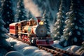 magical Christmas train travels through a snowy landscape among forests and mountains