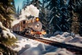 magical Christmas train travels through a snowy landscape among forests and mountains