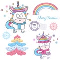 Magical Christmas unicorns collection on white background