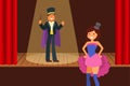 Magical circus or theater entertainment vector illustration. People magician illusionist man in hat with magic wand and