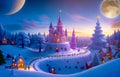 A magical city of dreams beyond imagination that is happy, peaceful and beautiful on Christmas day. Christmas fantasy cartoon