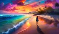 Magical colored beach shore sunset with a lady walking foward to the sun reflecting the sand Royalty Free Stock Photo