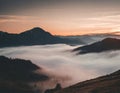 Magical, colorful landscape, hills shrouded in fog