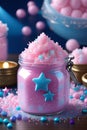 The magical cotton candy in glass jar, cute, toped with stars shaped sprinkles, dreamlike, fantasy, food art