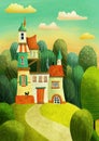 Magical crazy house or castle on the hill in the forest with trees, cats, clouds and road Royalty Free Stock Photo