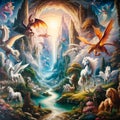 Magical Creatures Convergence: AI-Generated Unicorn and Dragon Encounter