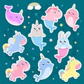 Magical creatures. Narwhal, unicorn mermaid,bunny mermaid, cat m