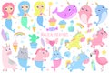 Magical creatures. Narwhal, unicorn mermaid,bunny mermaid, cat m