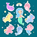 Magical creatures. Narwhal, unicorn mermaid, pegasus stickers ve