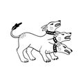 Magical creatures set. Mythological animal - cerberus. Doodle style black and white vector illustration isolated on