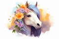 Magical Cute unicorn with flowers. Generate AI