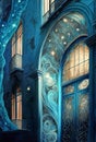 Magical dark blue background, house facade with glowing windows, fantasy fairy tale abstract illustration