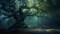 Magical dark fairy tale forest at night with glowing lights and fog. flying particles. Generative AI Royalty Free Stock Photo