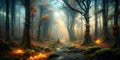 Magical dark fairy tale forest at night with glowing lights and fog und flying particles Royalty Free Stock Photo