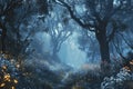 Magical dark fairy tale forest at night with glowing lights and fog und flying particles Royalty Free Stock Photo