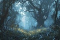 Magical dark fairy tale forest at night with glowing lights and fog und flying particles Royalty Free Stock Photo