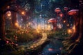 Magical dark fairy tale forest at night with glowing lights and magic mushrooms. Fantasy wonderland landscape with mushrooms. Royalty Free Stock Photo