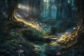 Magical dark fairy tale forest at night with glowing lights and magic mushrooms. Fantasy wonderland landscape with mushrooms. Royalty Free Stock Photo