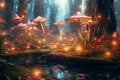 Magical dark fairy tale forest at night with glowing lights and magic mushrooms. Fantasy wonderland landscape with mushrooms. Royalty Free Stock Photo