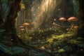 Magical dark fairy tale forest at night with glowing lights and magic mushrooms. Fantasy wonderland landscape with mushrooms. Royalty Free Stock Photo