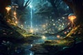 Magical dark fairy tale forest at night with glowing lights and mushrooms. Fantasy wonderland landscape with mushrooms. Amazing