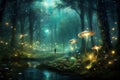 Magical dark fairy tale forest at night with glowing lights and mushrooms. Fantasy wonderland landscape with mushrooms. Amazing