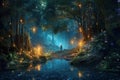 Magical dark fairy tale forest at night with glowing lights and mushrooms. Fantasy wonderland landscape with mushrooms. Amazing