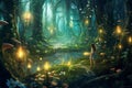 Magical dark fairy tale forest at night with glowing lights and mushrooms. Fantasy wonderland landscape with silhouette of single Royalty Free Stock Photo