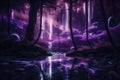 magical dark purple forest with cascading waterfall and glittering reflections Royalty Free Stock Photo