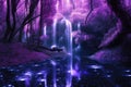 magical dark purple forest with cascading waterfall and glittering reflections Royalty Free Stock Photo