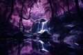 magical dark purple forest with cascading waterfall and glittering reflections Royalty Free Stock Photo
