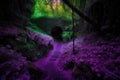 magical dark purple forest with hidden secret cave entrance