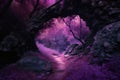 magical dark purple forest with hidden secret cave entrance