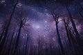 magical dark purple forest with starry night sky, surrounded by twinkling stars Royalty Free Stock Photo