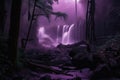 magical dark purple forest with waterfall, surrounded by mist Royalty Free Stock Photo