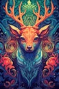Magical deer with colorful flowers and decorative elements on the fantasy background, vector poster
