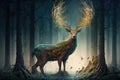 magical deer in forest, surrounded by tall trees and magical creatures