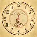 Magical deer. The sun god. Clock dial face. Mix media.